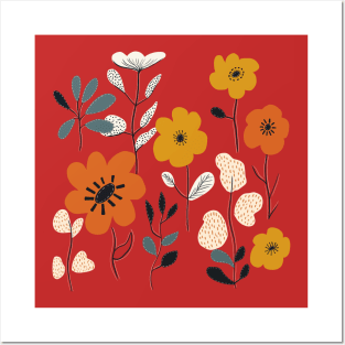 Orange And Yellow Mid Century Flowers Posters and Art